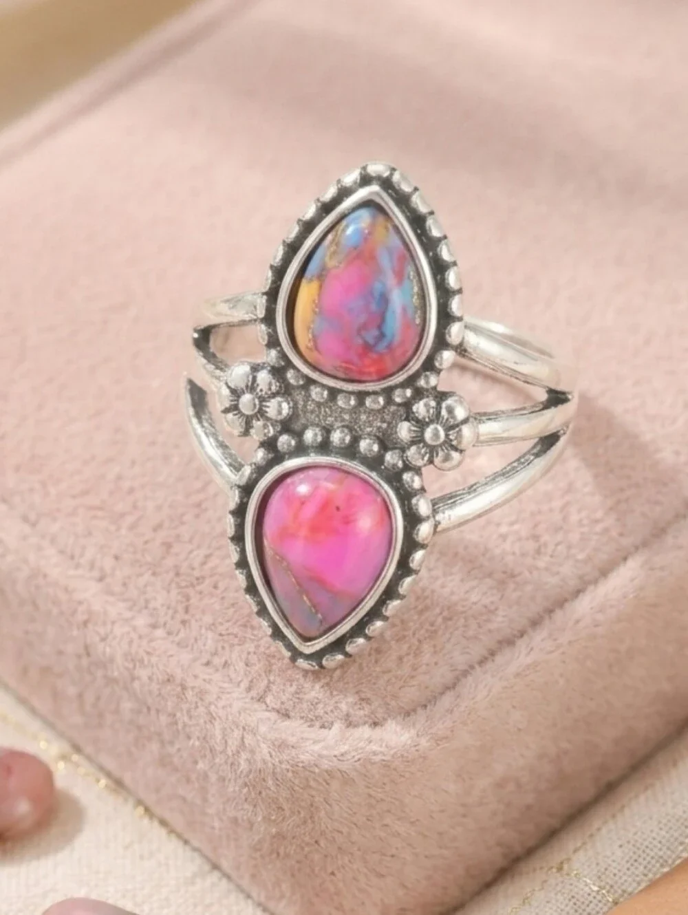 🩷 Boho Pink Spiny Oyster Turquoise Statement Ring Silver Plated Size 7